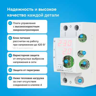 Многофункциональное реле напряжения с контролем тока и мощности Welrok VIP-40 red в Казахстане