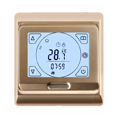 Терморегулятор для теплого пола AlfaReg E-91.716, программируемый, сенсорный, 16A, золотистый в 