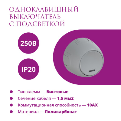 Выключатель с подсветкой OneKeyElectro Rotondo одинарный, серый в Казахстане