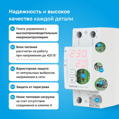 Реле напряжения с контролем тока Welrok VI-32 red в 